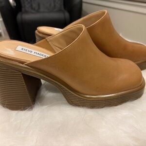 New Steve Madden Flirtie Tan Block Heel Platform Mules Clogs Slides Shoes 8.5M